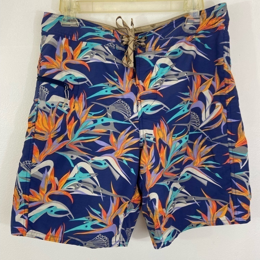 Patagonia Minimalist Wavefarer Board Shorts Fish Size 32 Blue Pocket Swim Beach